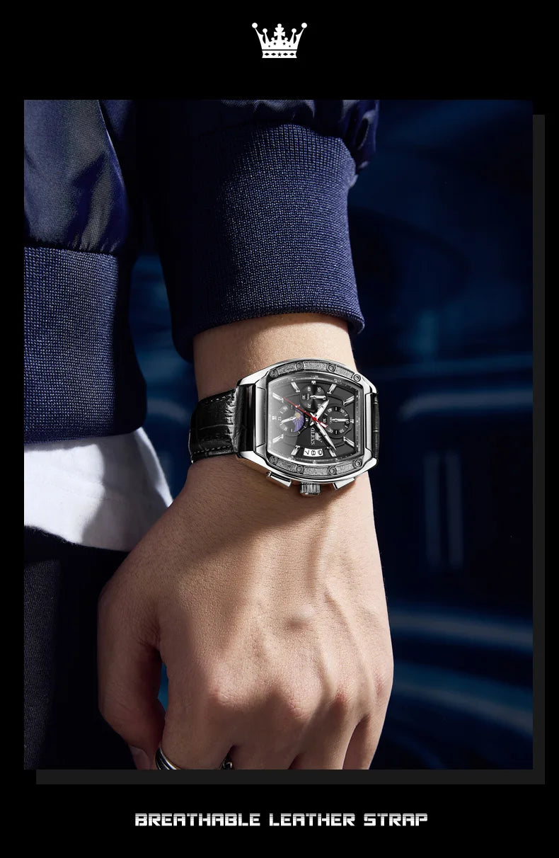 OLEVS Watch New 3661 Mens Watch Luxury Quartz Watch Waterproof Luminous Stainless Steel Moon Phase Sport Tonneau Watches For Men