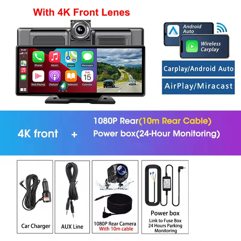 Srnubi 10.26" Dash Cam Rearview Carplay Android Auto 4K DVR Navigation Player Dual Len Recorder Dashboard WIFI BT