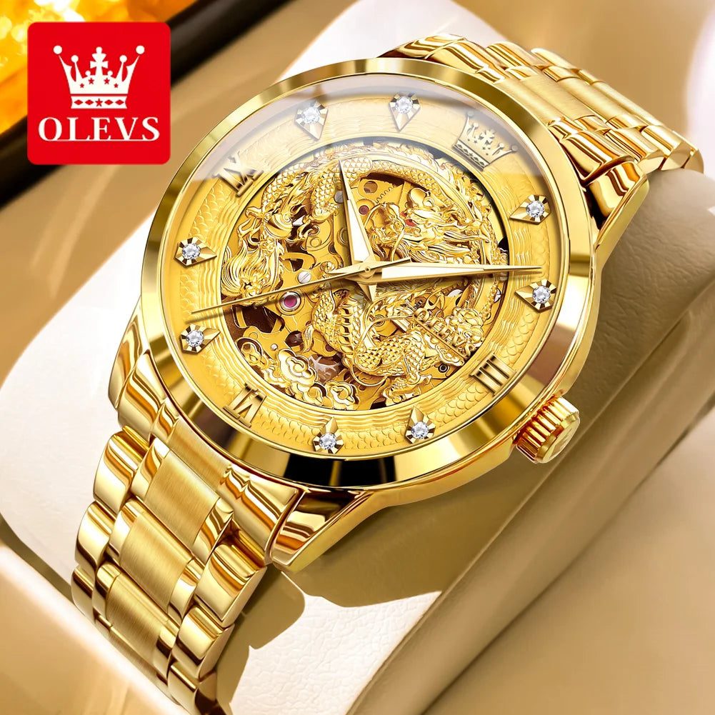OLEVS Japan Automatic Mechanical Men's Watches High-end Luxury Brand Original Stainless Steel Hollowed Dragon Watch for Men 7027