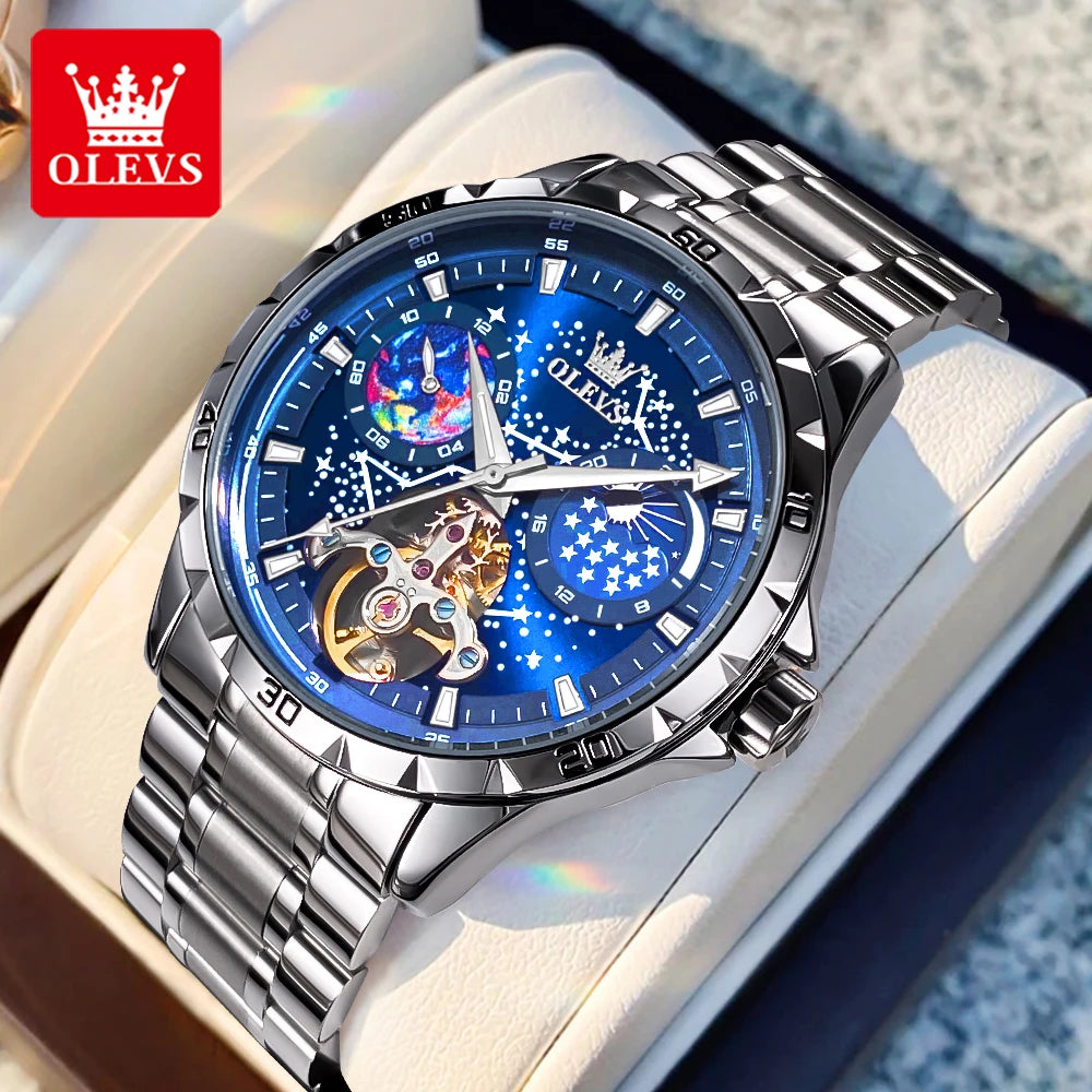 OLEVS Flywheel Skeleton Automatic Watch for Men Luminous Starry Sky Waterproof Business Wristwatch Mechanical Watch