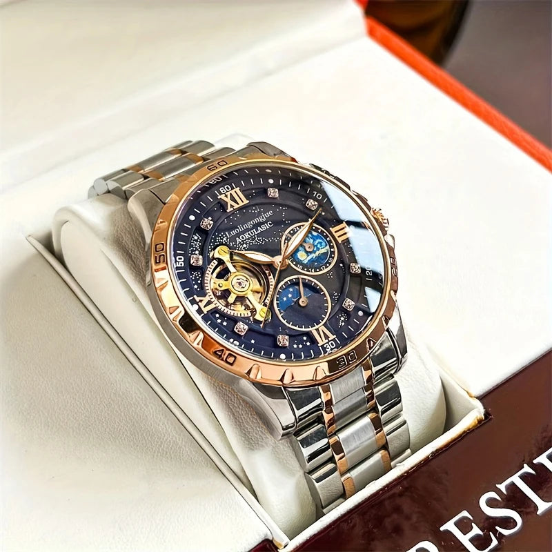 Luxurious Automatic Mechanical Men's Watch, Starry Night Luminous Dial, Elegant Tourbillon Movement, Ideal for Business or Casual Wear, Perfect Christmas or Birthday Gift, Holiday Gift Watch, No Battery Needed