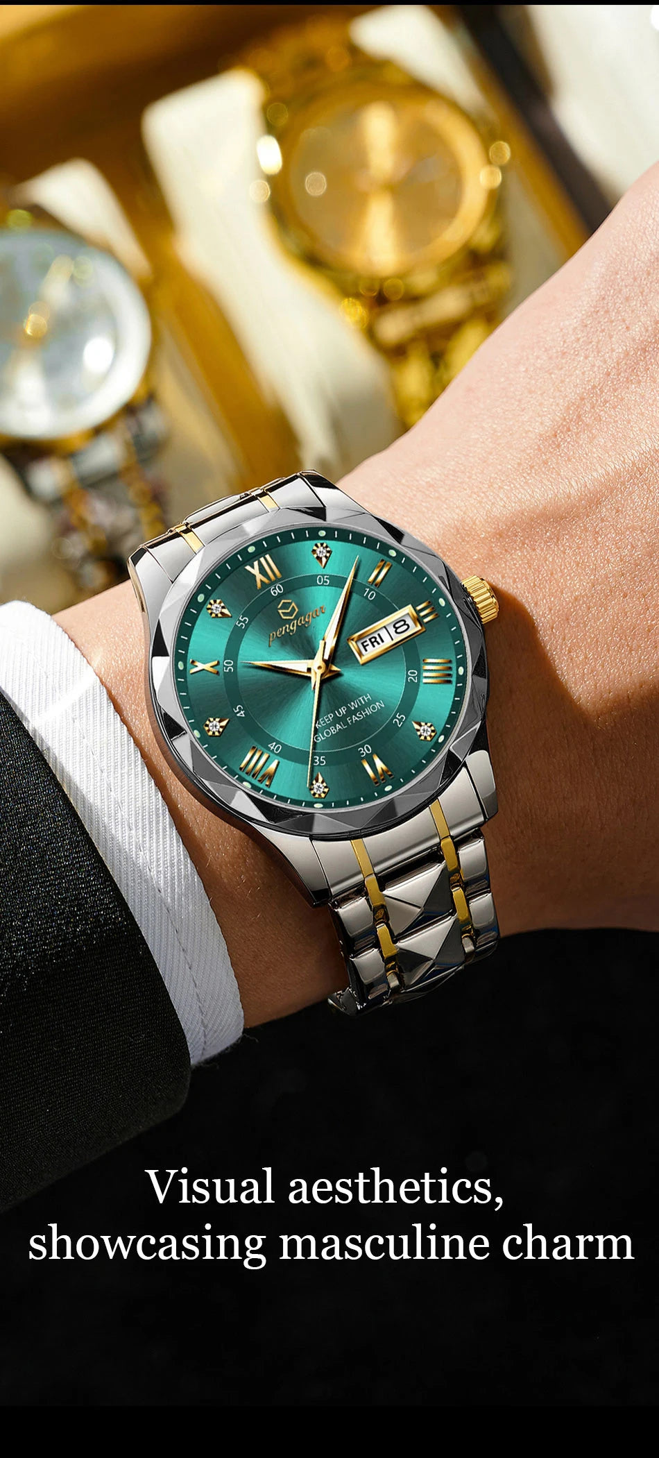 PENGAGAR Luxury Square Sport Man Wristwatch Waterproof Luminous Chronograph Quartz Men's Watches Stainless Steel Men Watch Reloj