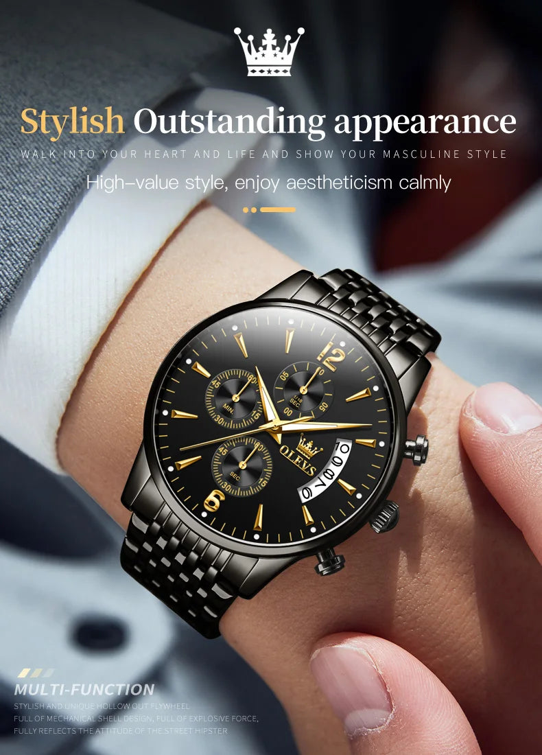 OLEVS Men's Watch Waterproof Luminous Wrist Watch Quartz Stainless Steel Watch for Men Pilot Top Brand Male Watches