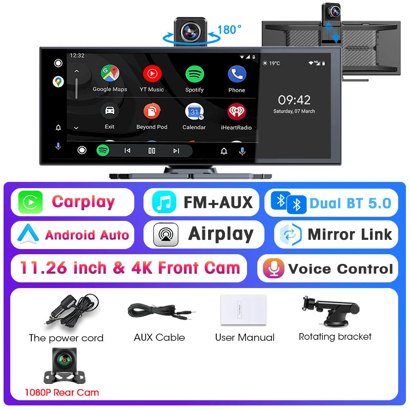 Srnubi Universal 11.26” Car DVR Wireless Carplay Android Auto 4K Front 1080P Rear Camera Dashcam GPS Navi Dashboard 24H Parking