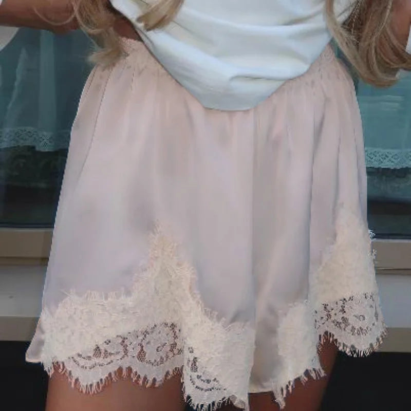 Women Y2k Slik Lace Trim Shorts Stain Pajama Micro Mini Slip Boxer Shorts Low Rise Lounge Pj Bottoms Pettipants Streetwear