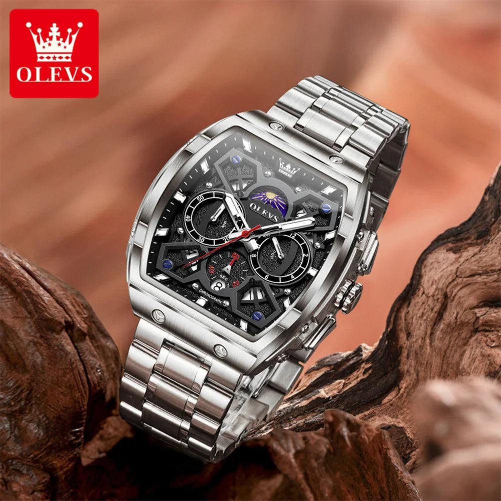 OLEVS 2942 New Mens Watch Original Tonneau Quartz Watch Waterproof Luminous Stainless Steel Watches For Men Gifts Box