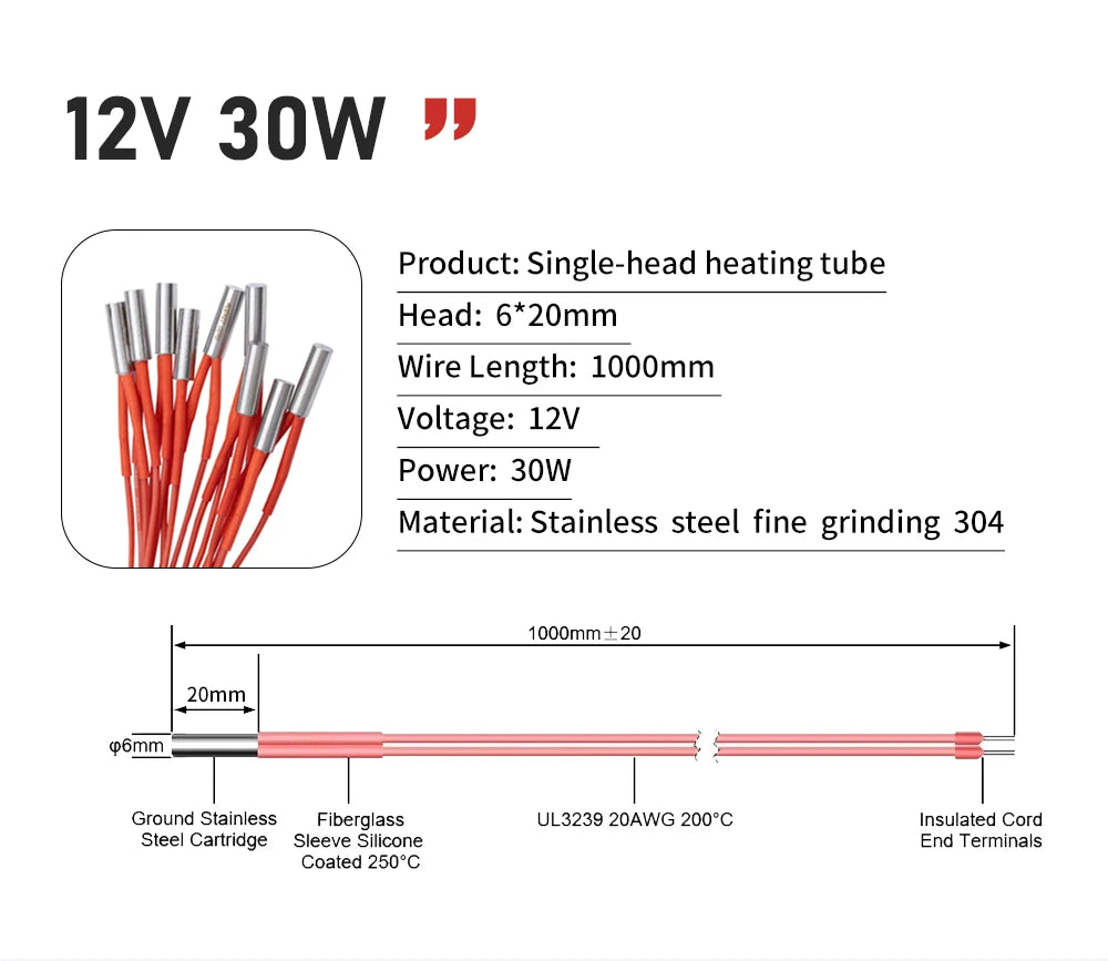 Trianglelab 3D Printer 6*20MM 12V/24V 40W Heater Cartridge With 100CM cable For 3D Printer for PT100 HOTEND Volcano MK8 MK9