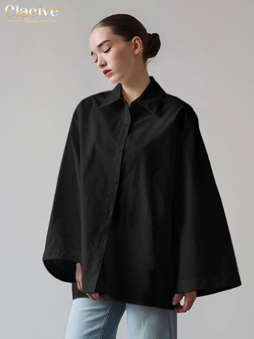 Clacive Fashion Loose White Cotton Women's Blouse 2025 Casual Lapel Long Sleeve Shirt Elegant Classic Solid Top Female Clothing