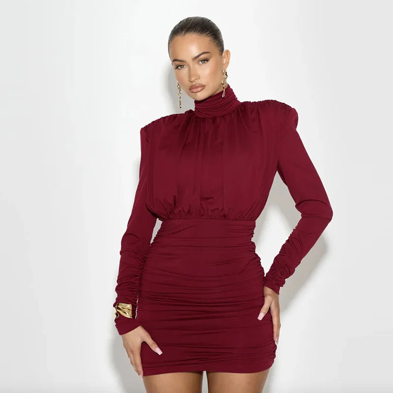 Women's Clothing 2025 Autumn And Winter New Fashion Temperament High Neck Pleated Waist Slim Hip Wrap Long Sleeve Dress Women
