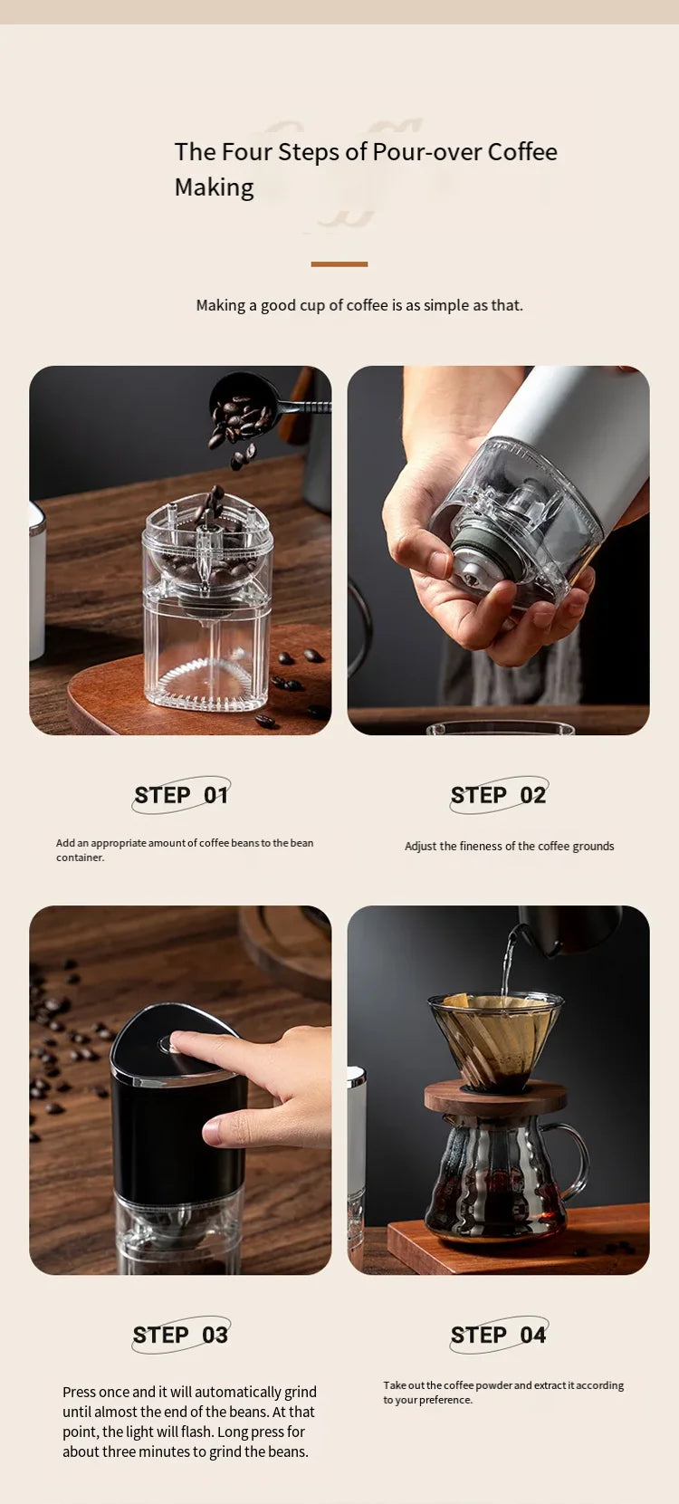 Household Coffee Bean Grinder Kitchen Small Grinder Induction Self-Stop Strong Power Grinding Fine Portable Small Grinder