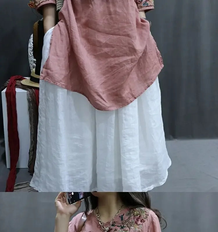 Cotton and Linen Women Clothing 2025 Summer New Print Retro Embroidery Loose Slim and Fashionable Shirt