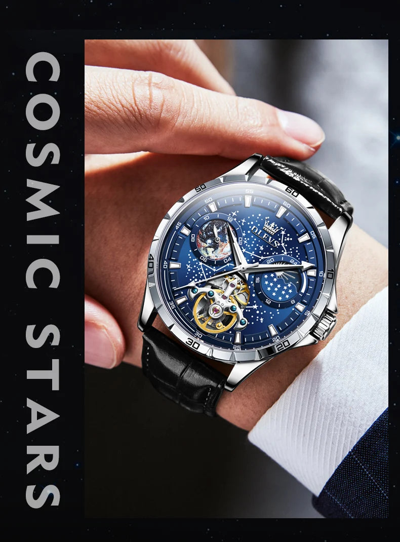 OLEVS Flywheel Skeleton Automatic Watch for Men Luminous Starry Sky Waterproof Business Wristwatch Mechanical Watch