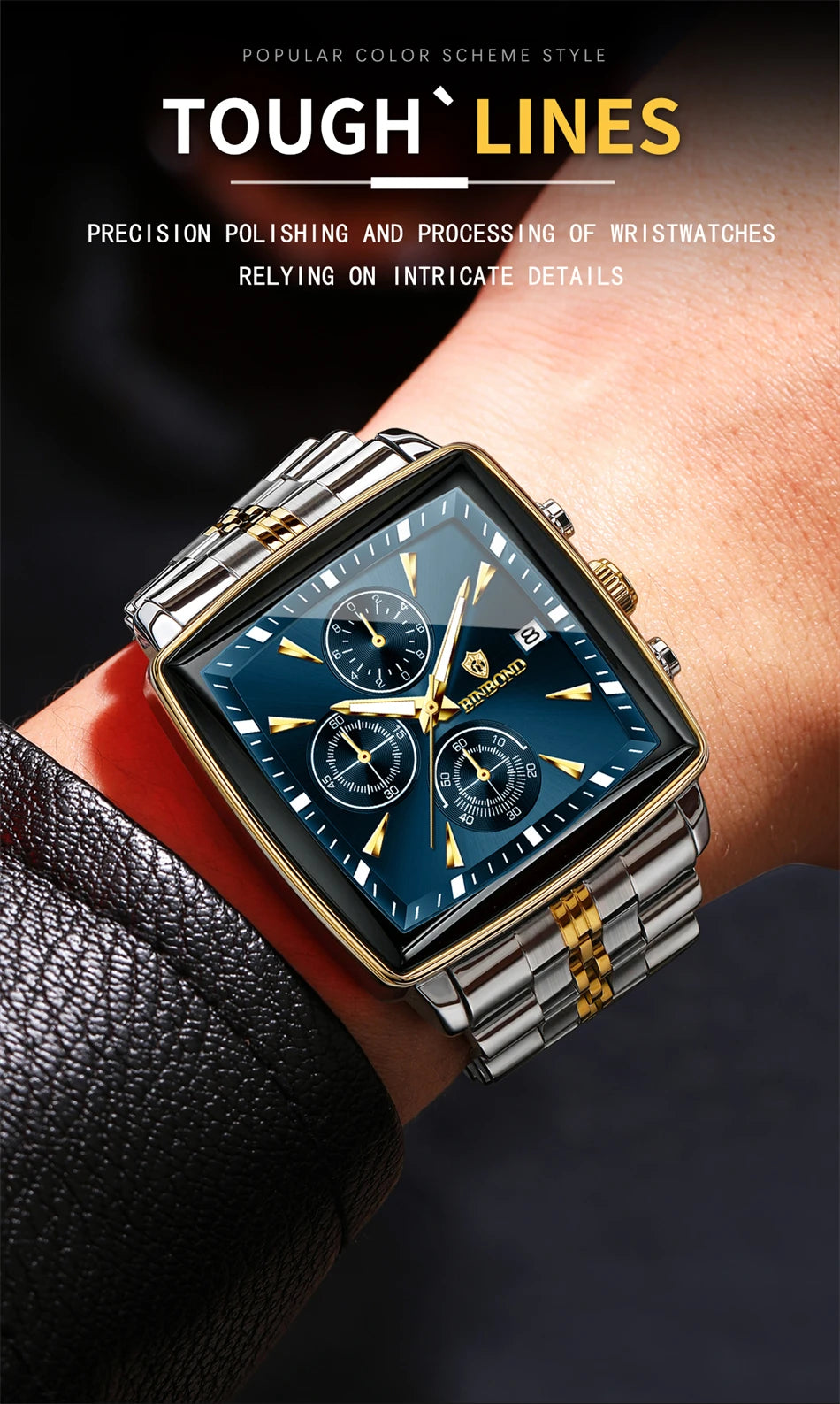 BINBOND Luxury Square Sport Man Wristwatch Waterproof Luminous Chronograph Quartz Men's Watches Stainless Steel Men Watch Reloj