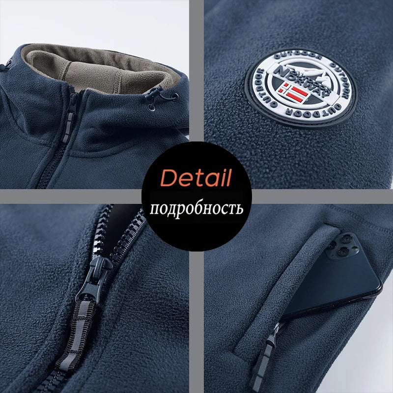 2025 Fleece Men's Coat Thickened Warm Windproof Loose Outdoor Collar Fleece Hooded Jacket Norwegian Printed Good Soldier