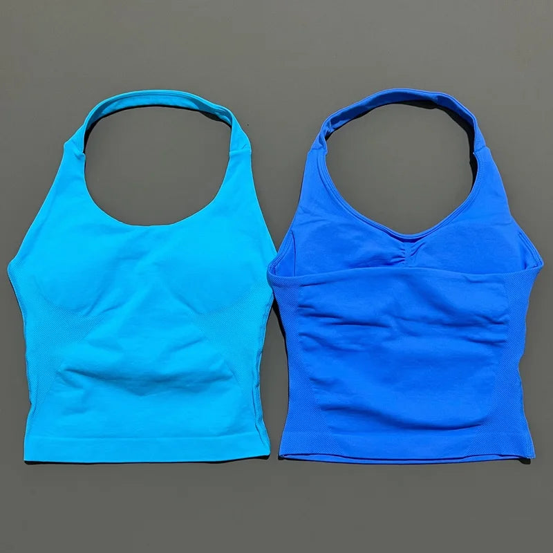 HISTELLO Impact Halter Top Seamless Longline Strappy Gym Top Women Built-in Bra Removable Cups Activewear Yoga Tank Tops