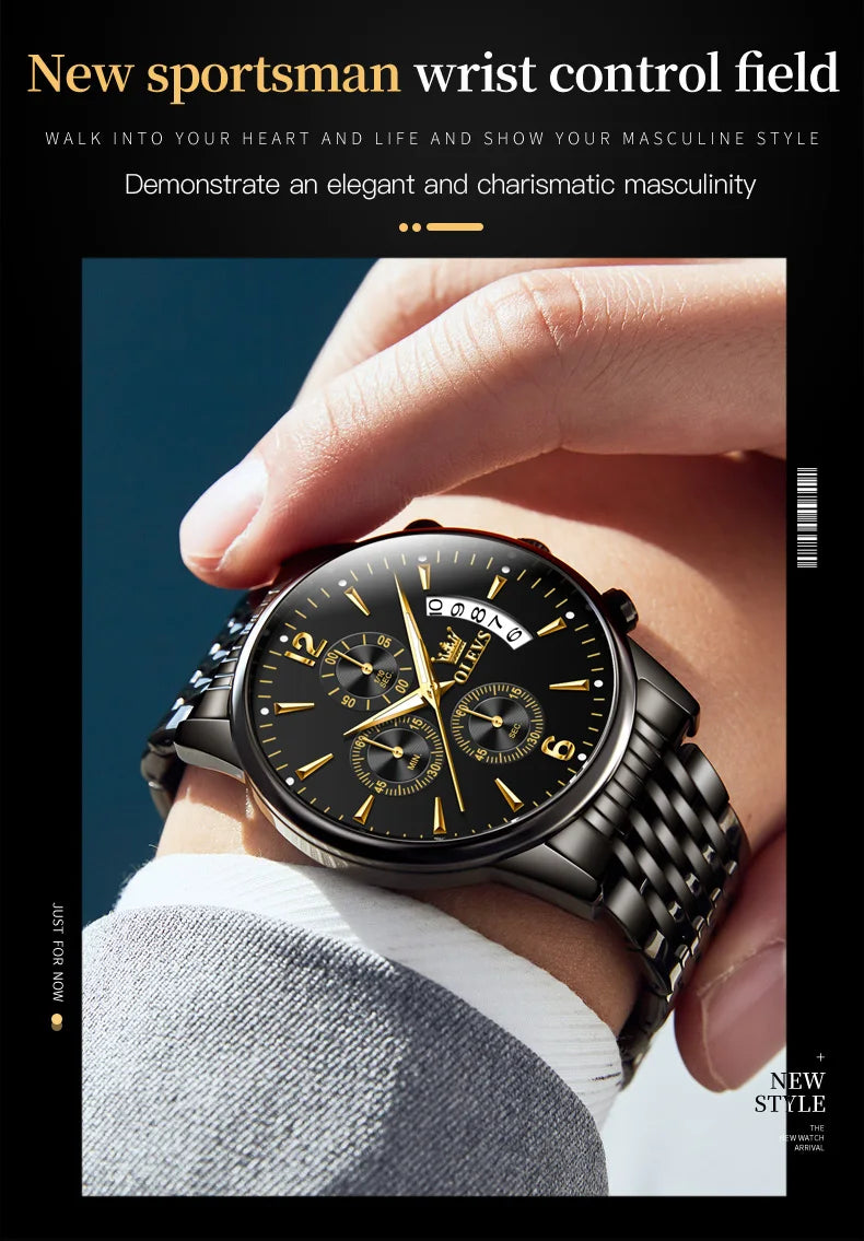 OLEVS Men's Watch Waterproof Luminous Wrist Watch Quartz Stainless Steel Watch for Men Pilot Top Brand Male Watches