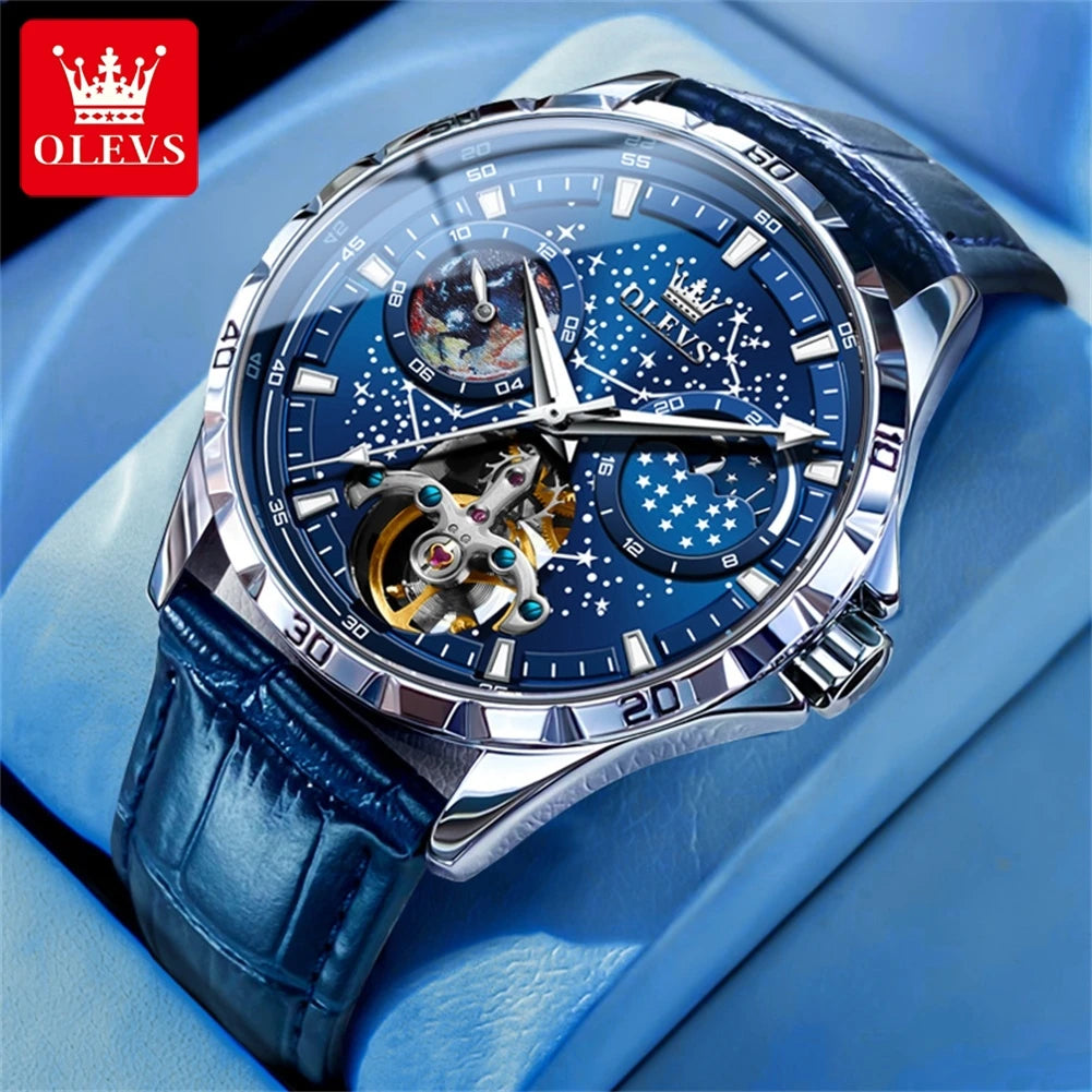 OLEVS Flywheel Skeleton Automatic Watch for Men Luminous Starry Sky Waterproof Business Wristwatch Mechanical Watch