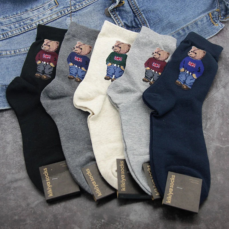 Cartoon Gentleman Bear Socks Red Socks for Men Cotton Harajuku Skateboard Socks Novelty Breathable Sox Christmas Gift