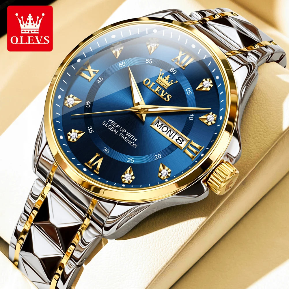OLEVS Men's Watch No.2906 Fashion Business Original Quartz Watches Rhombus Stainless Steel Waterproof Luminous Week Date Display