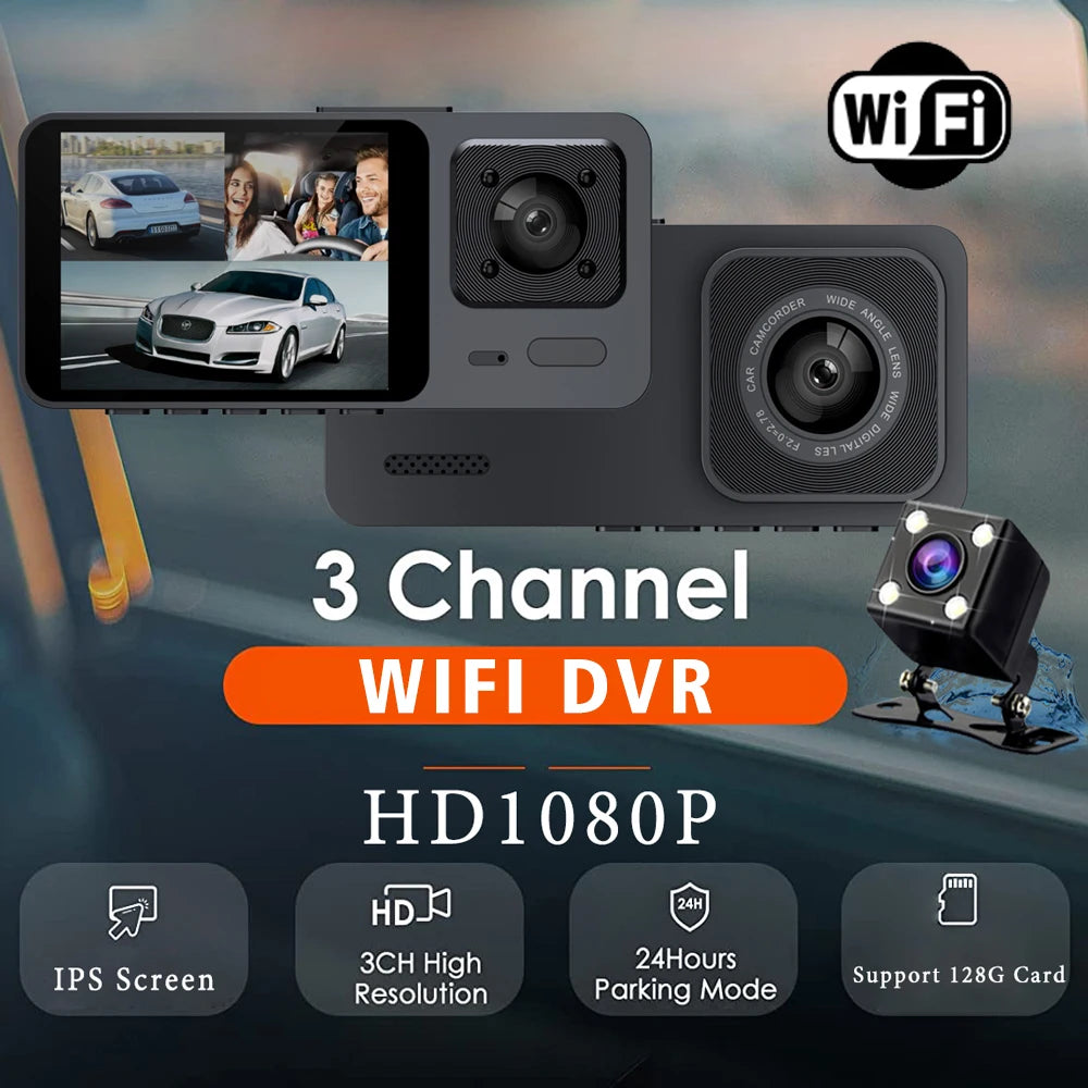 Wifi 3 Camera Car Dvr 3 Channel Dash Cam FHD 1080P Dash Camera Interior Dashcam Video Recorder Black Box 24H Parking Monitoring