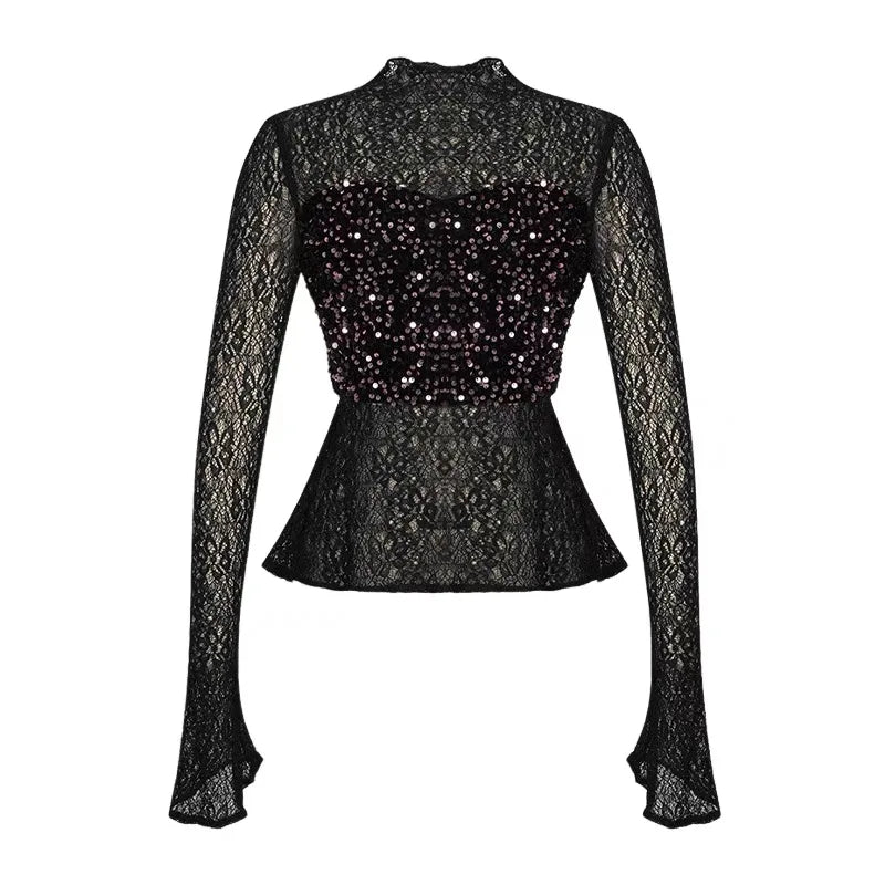 Women's Clothing Chic Black Lace Sexy T-Shirt Ladies Elegant Perspective Short Blouses Sequin Tops Bottom Pullover Jumper Party