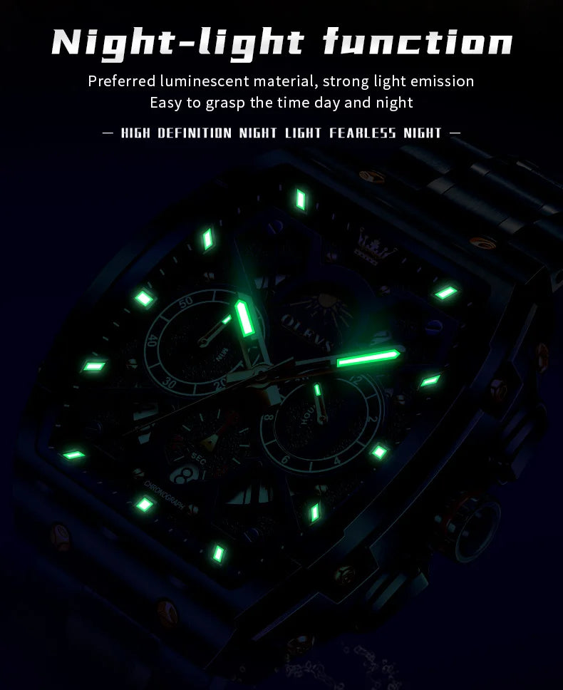 OLEVS 2942 New Mens Watch Original Tonneau Quartz Watch Waterproof Luminous Stainless Steel Watches For Men Gifts Box