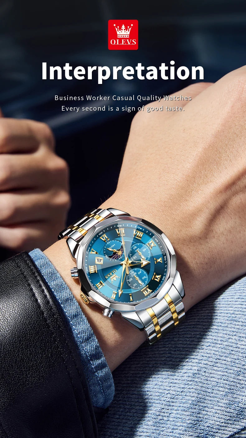 OLEVS 3675 Mens Watch Original Multifunctional Chronograph Quartz Watch Moon Phase Watches For Men Waterproof Mens Gifts Reloj