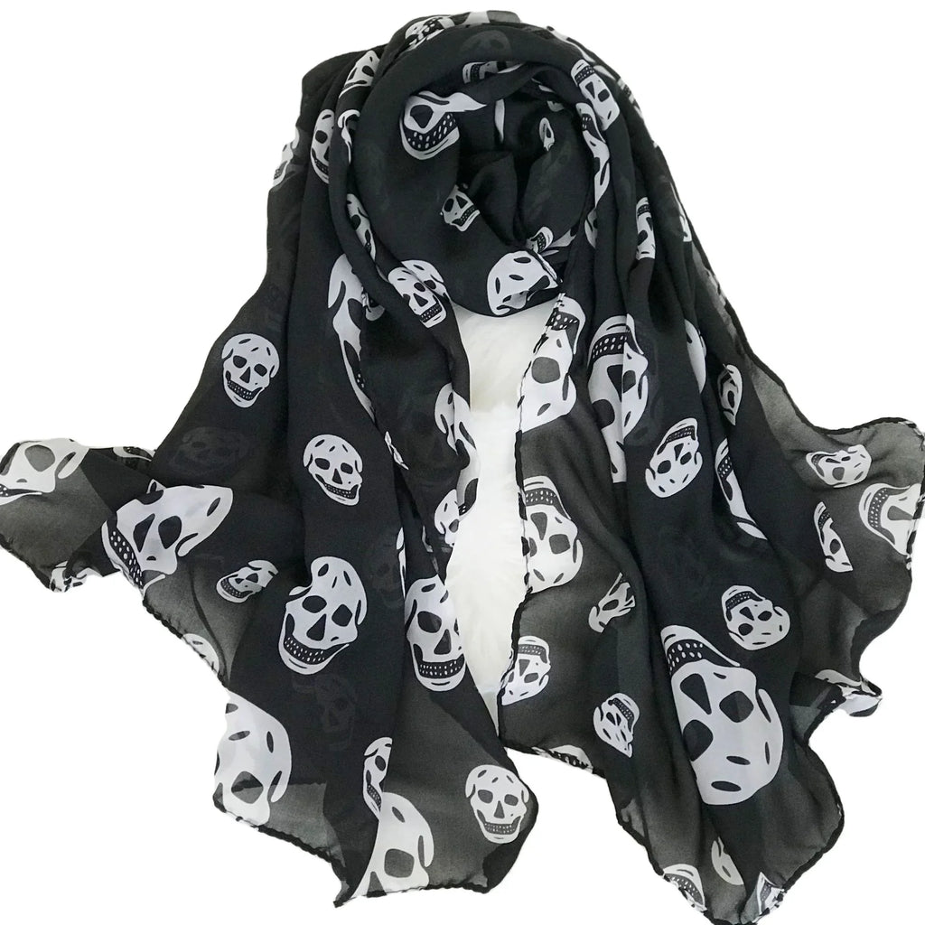Summer Beach Long Shawl Fahion Skull Print Chiffon Silk Scarf Mulim Hijab For Man Women Soft Thin 50*150cm