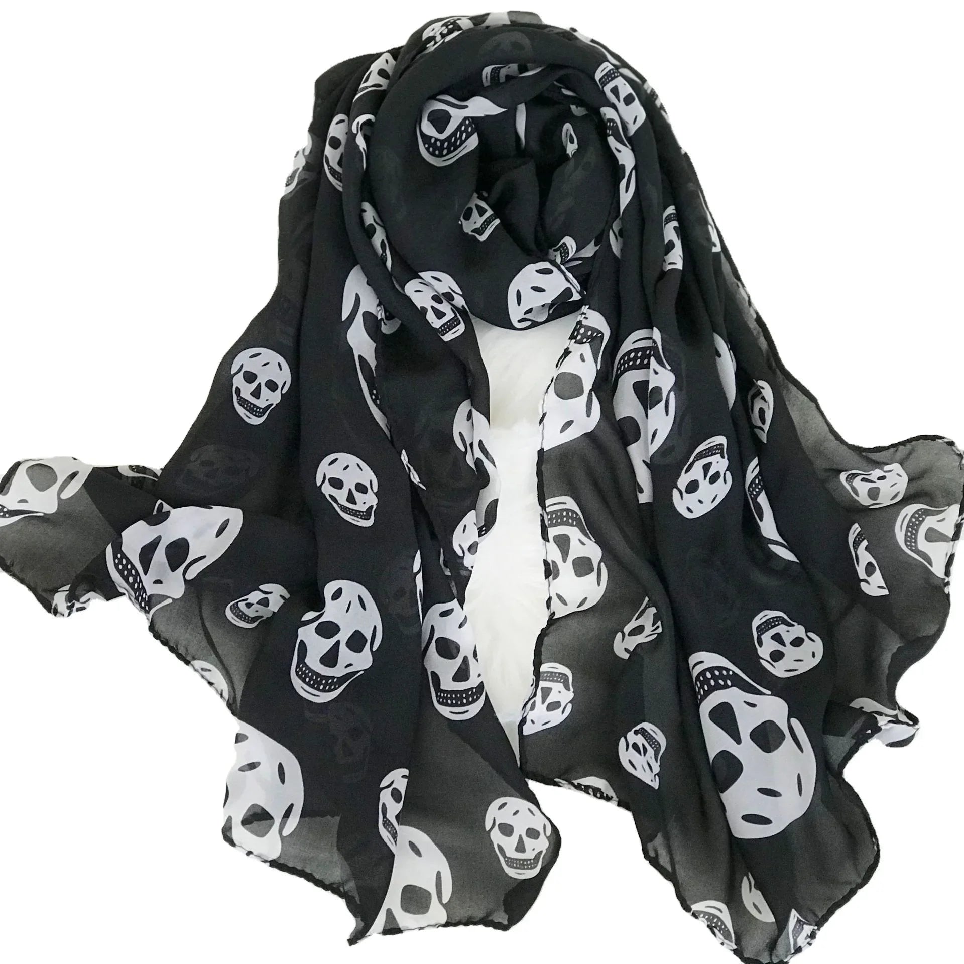 Summer Beach Long Shawl Fahion Skull Print Chiffon Silk Scarf Mulim Hijab For Man Women Soft Thin 50*150cm