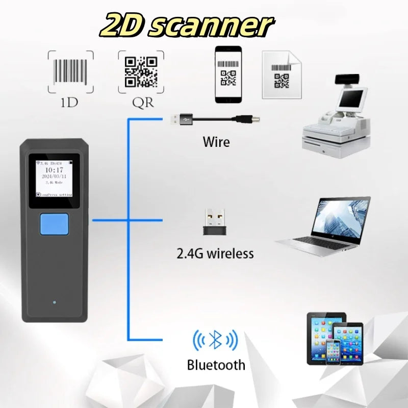 Mini Bluetooth Portable 1D 2D Barcode Scanner with Display Can Store data Easy to Operate connect  Mobile Phone or Laptop