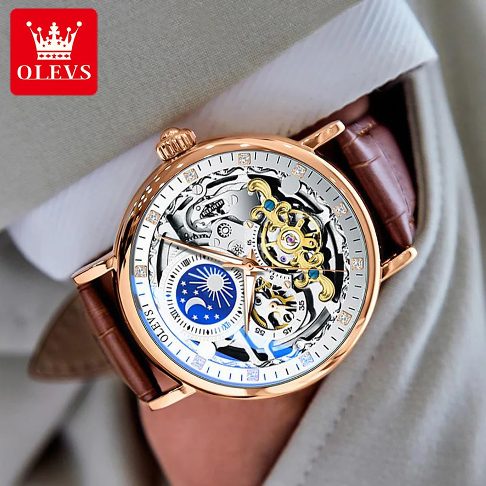 OLEVS Moon Phase Mechanical Watch Men with Waterproof Automatic Skeleton Mens Watches Top Brand Luxury Tourbillon Wristwatch Men