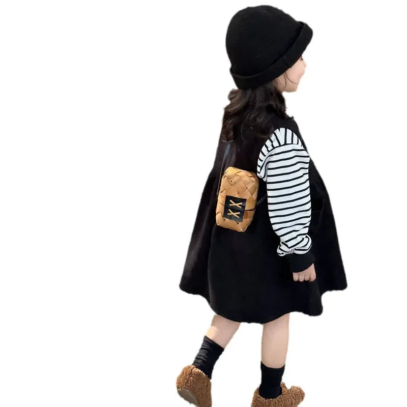 Clothing Suit Girls' Striped Long-Sleeved Sweater Plus Corduroy Vest Skirt  Autumn and Winter Clothing New Suit