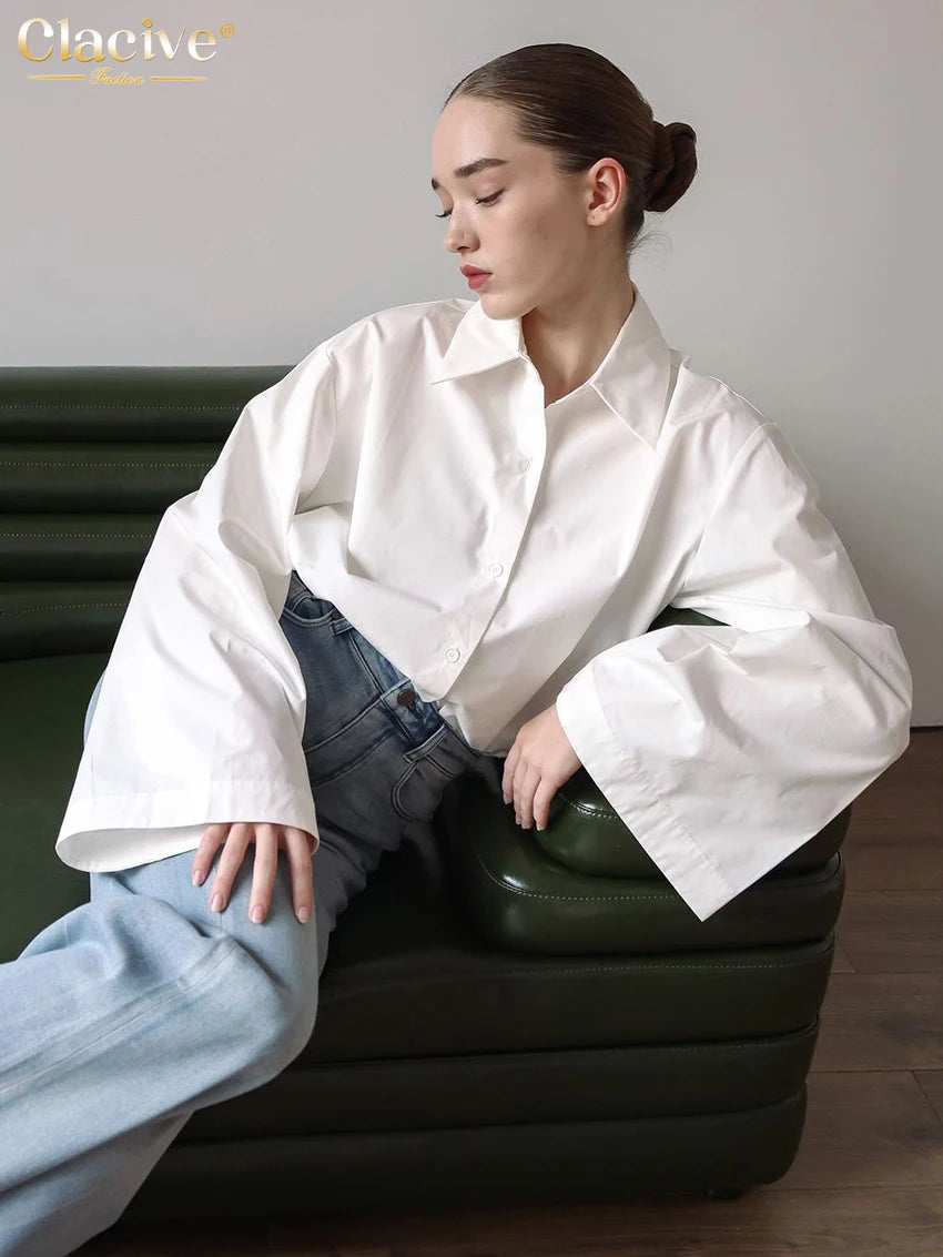 Clacive Fashion Loose White Cotton Women's Blouse 2025 Casual Lapel Long Sleeve Shirt Elegant Classic Solid Top Female Clothing