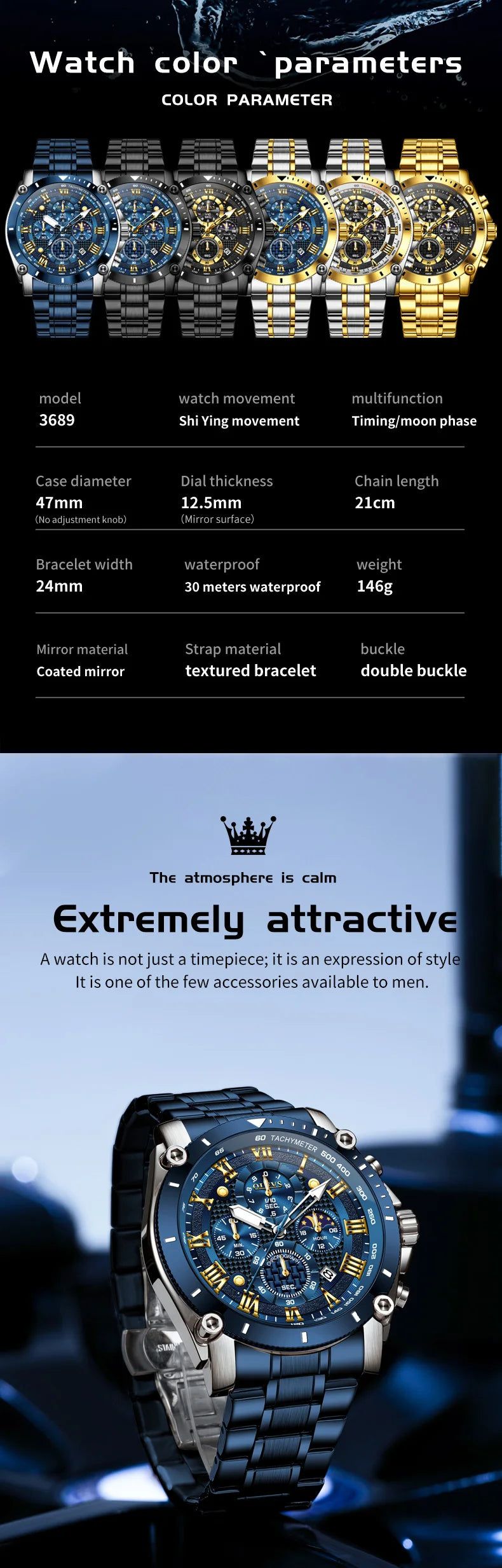 OLEVS 3689 Original Moon Phase Mens Watch Multifunctional Chronograph Quartz Watch  Waterproof Sports Watches For Man Gift Reloj