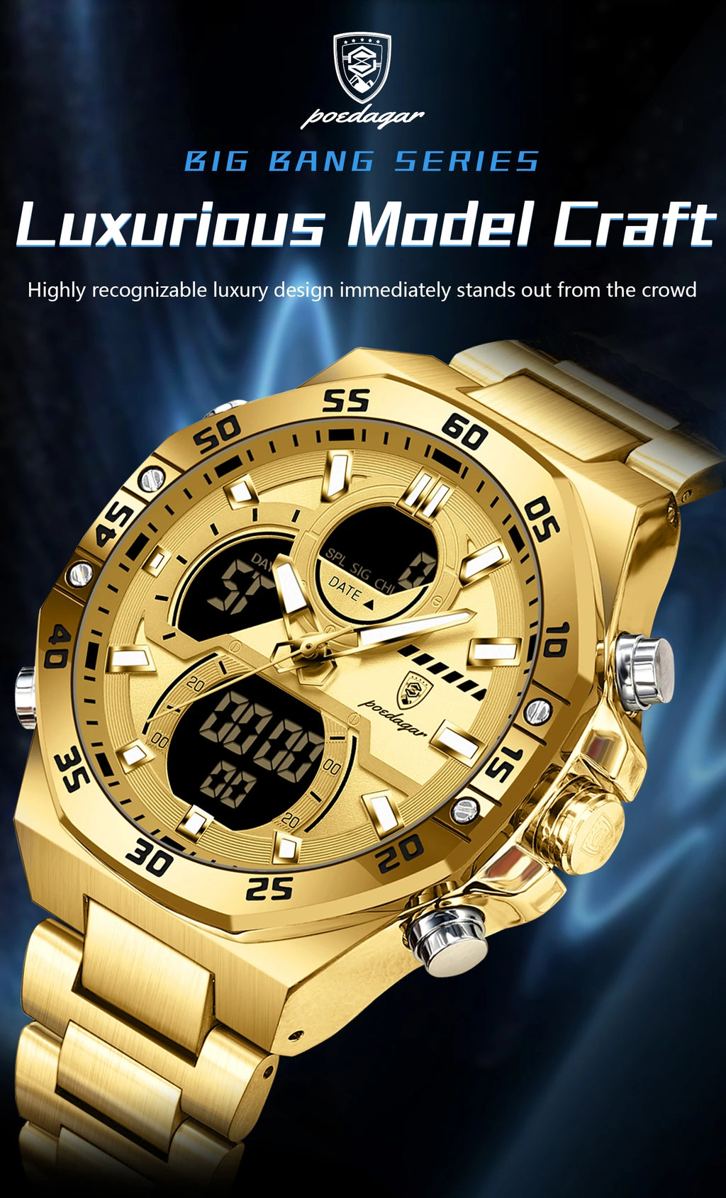 POEDAGAR New Men Clock LED Luminous Waterproof Week Date Military Man Wristwatch Electronic Stainless Steel Quartz Men's Watches