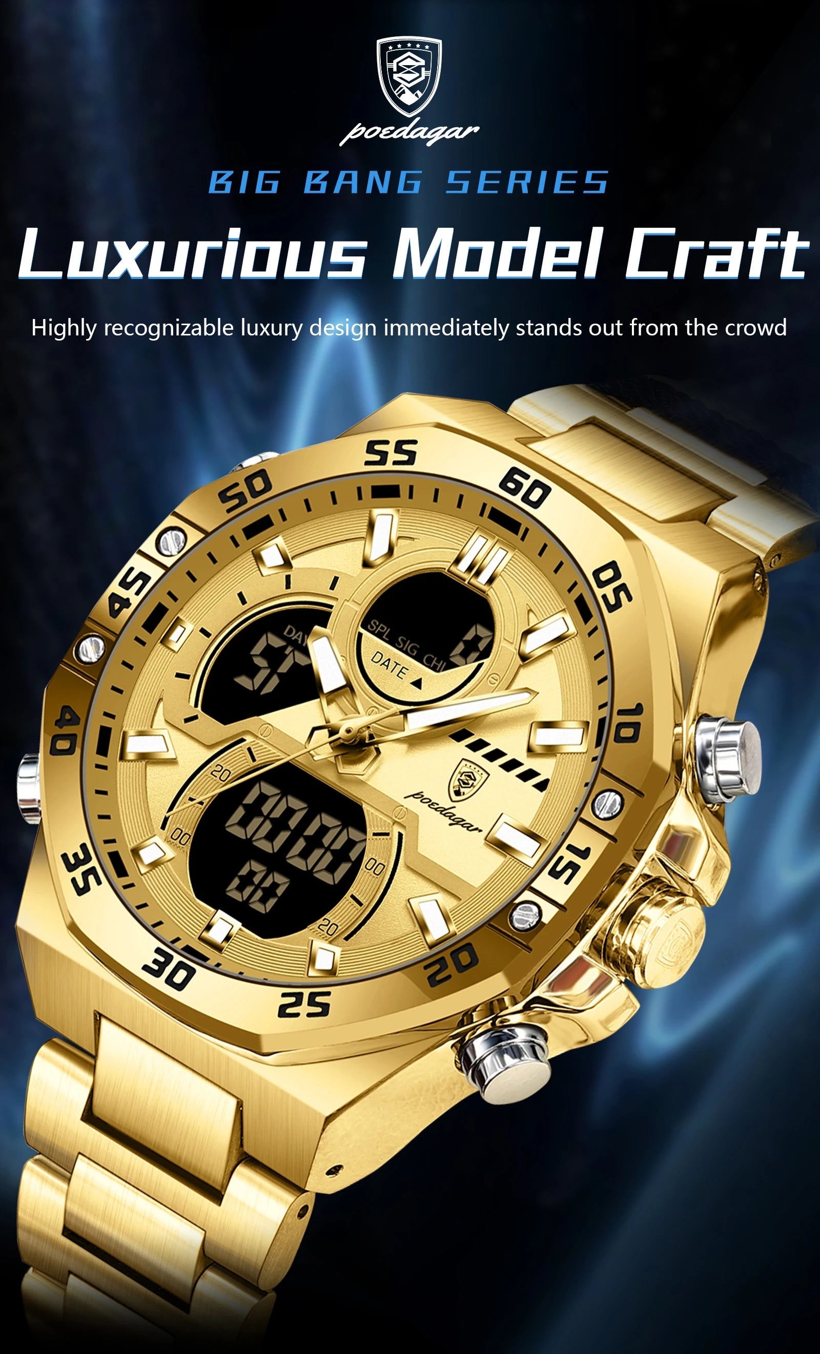 POEDAGAR New Men Clock LED Luminous Waterproof Week Date Military Man Wristwatch Electronic Stainless Steel Quartz Men's Watches