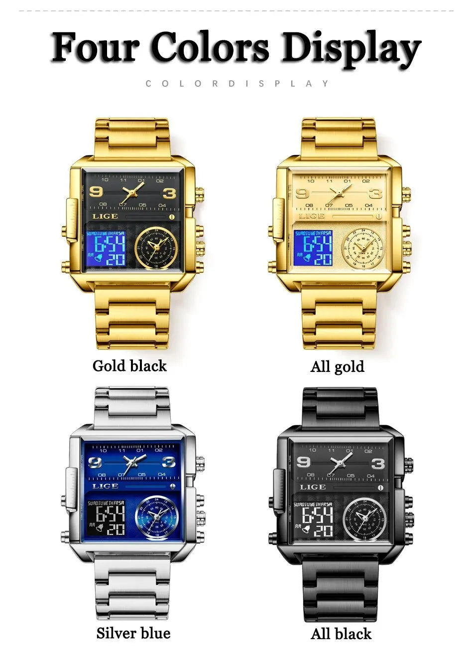 LIGE Luxury Original Men Sports Wrist Watch Gold Quartz Steel Waterproof Dual Display Clock Watches For Men Relogio Masculino