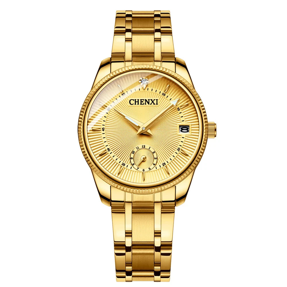 CHENXI Luxury Brand Casual Couple Watch Golden Stainless Steel Quartz Watch for Men's and Women's Waterproof Luminous Wristwatch