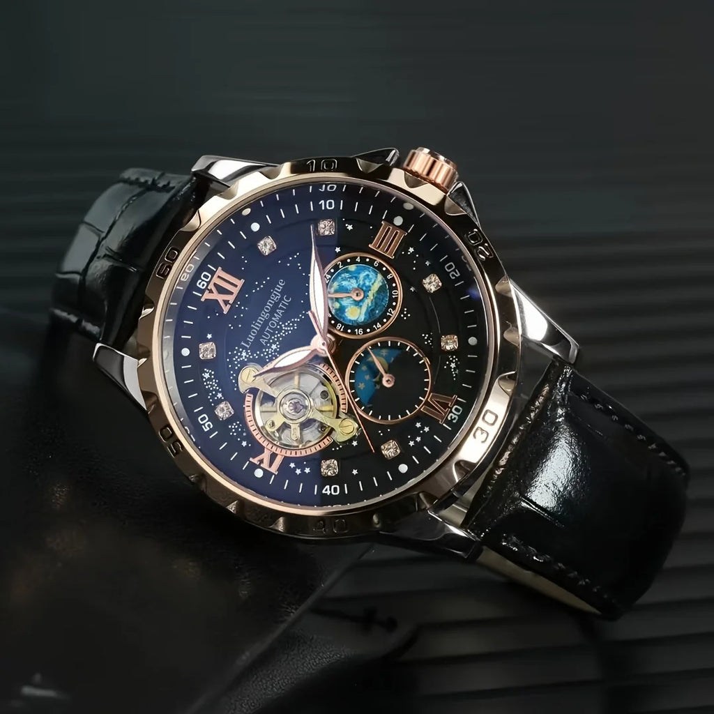 Luxurious Automatic Mechanical Men's Watch, Starry Night Luminous Dial, Elegant Tourbillon Movement, Ideal for Business or Casual Wear, Perfect Christmas or Birthday Gift, Holiday Gift Watch, No Battery Needed