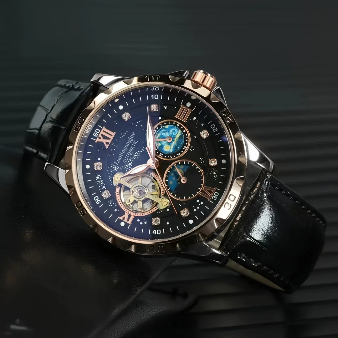 Luxurious Automatic Mechanical Men's Watch, Starry Night Luminous Dial, Elegant Tourbillon Movement, Ideal for Business or Casual Wear, Perfect Christmas or Birthday Gift, Holiday Gift Watch, No Battery Needed
