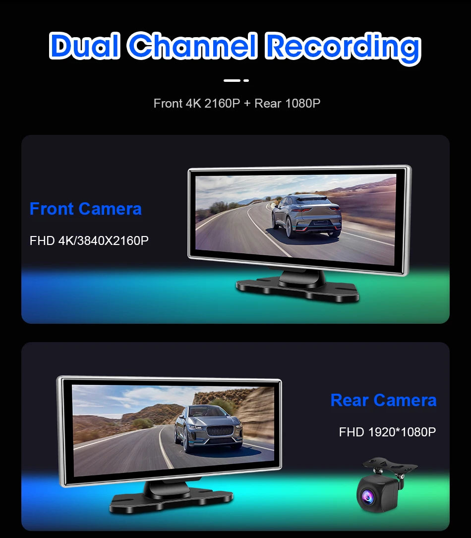 11.26 inch Car DVR 4K Dash Cam Dual Lens Wireless Carplay & Android Auto Video Recorder Monitor GPS Navigation 5G Wifi FM AUX