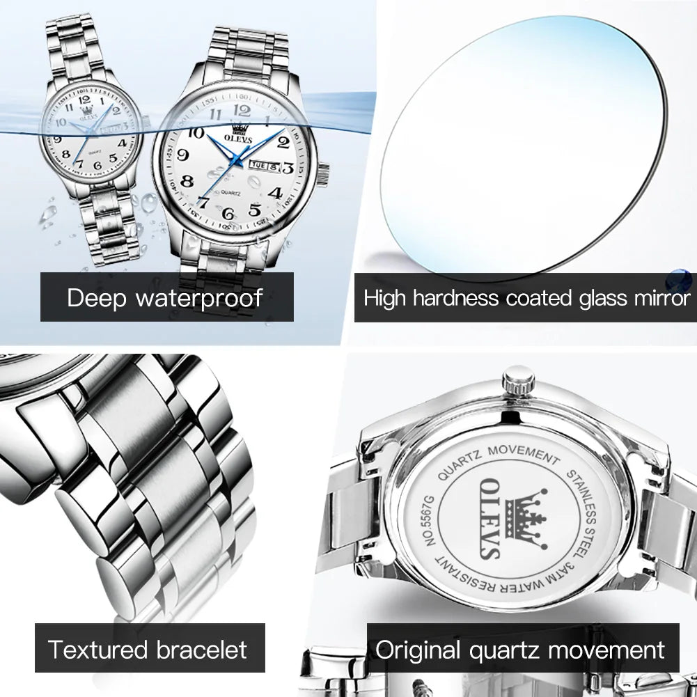 OLEVS 5567 Couple Watches Waterproof Luminous Wristwatch for Lover Date Men‘s and Women's Wristwatch Simple Fashion