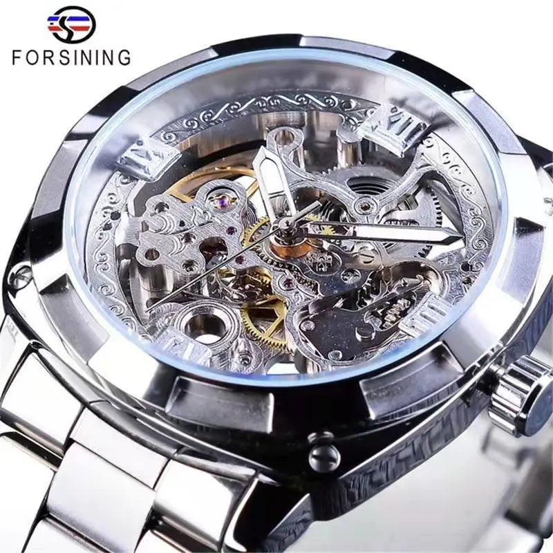 Forsining Square Gold Skeleton Automatic Men Watch Engraved Movement Luminous Hands Mechanical Watches Luxury Stainless Steel