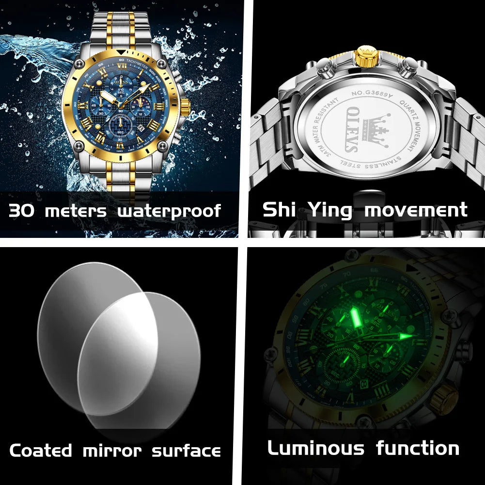 OLEVS 3689 Original Moon Phase Mens Watch Multifunctional Chronograph Quartz Watch  Waterproof Sports Watches For Man Gift Reloj