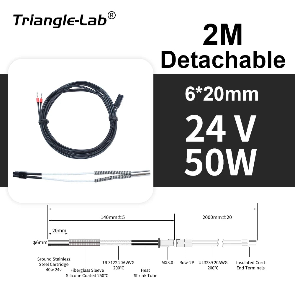 Trianglelab 3D Printer 6*20MM 12V/24V 40W Heater Cartridge With 100CM cable For 3D Printer for PT100 HOTEND Volcano MK8 MK9