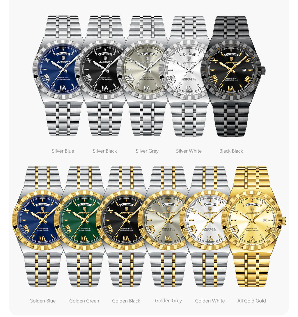 POEDAGAR Luxury Business Man Watch Week Date Waterproof Luminous Watches For Men Stainless Steel Quartz Men's Fashion Wristwatch