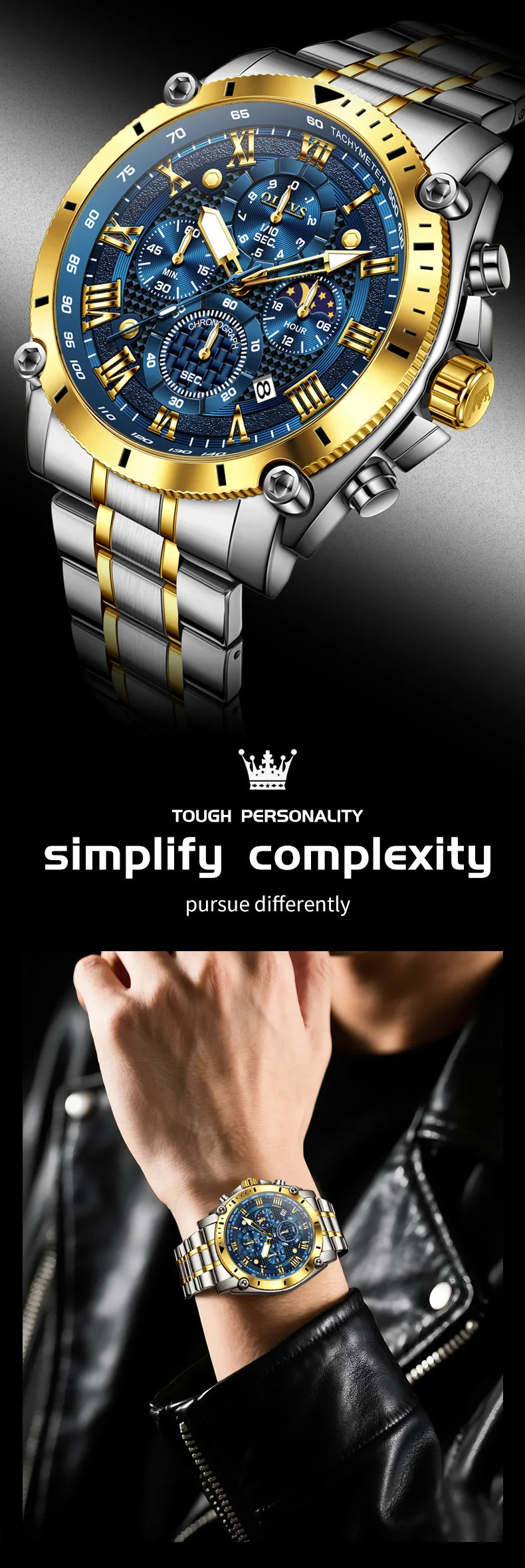 OLEVS 3689 Original Moon Phase Mens Watch Multifunctional Chronograph Quartz Watch  Waterproof Sports Watches For Man Gift Reloj