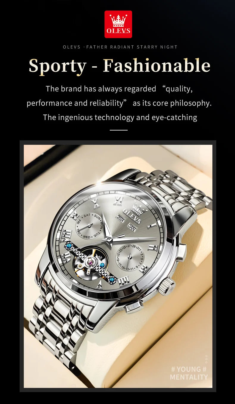 OLEVS 6607 Fully Automaitc Watches Stainless Steel Skeleton Flywheel Dual Calendar Top Luxury Brand Men's Mechanical Wristwatch