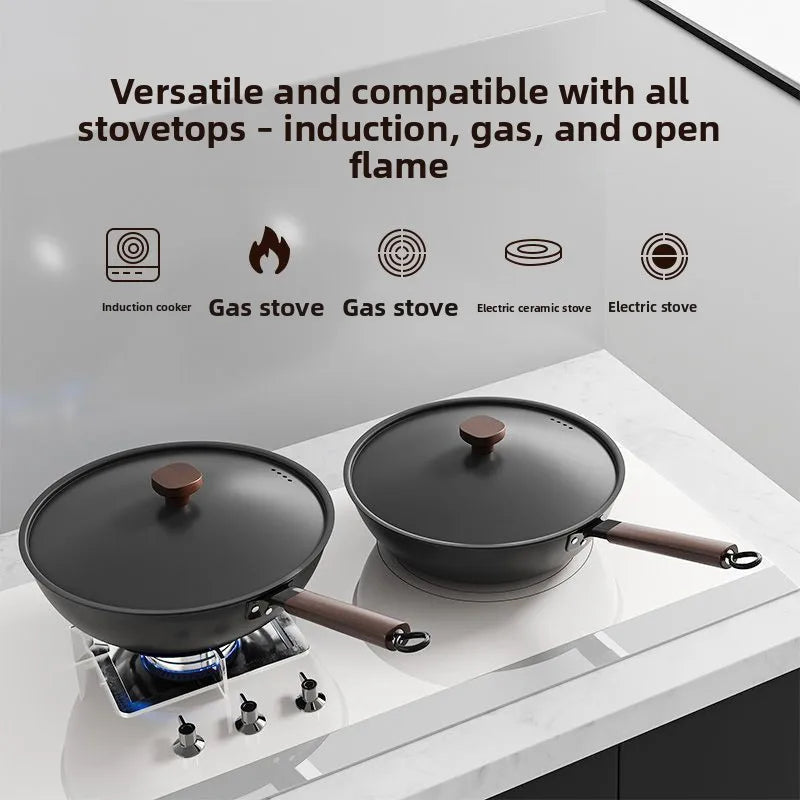 Iron pot without coating, flat bottomed pot already cooked, household induction cooker, gas stove, universal non stick pot