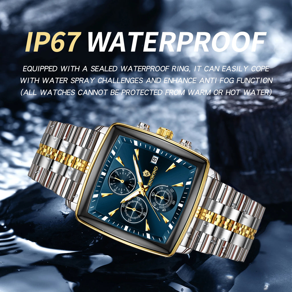 BINBOND Luxury Square Sport Man Wristwatch Waterproof Luminous Chronograph Quartz Men's Watches Stainless Steel Men Watch Reloj